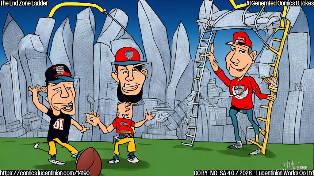 Draw a cartoon of John Spytek, wearing a Raiders jersey and holding a ladder, standing on a football field with a cityscape in the background. The ladder should be decorated with football-themed decorations such as football-shaped rungs and team logos. The image should have a playful and humorous tone.