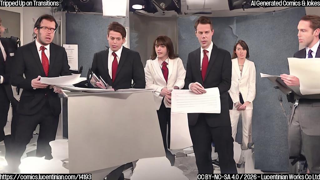 A broadcast journalist, dressed in a suit and tie, is seen stumbling over words during a live broadcast. He knocks over a podium, and a health expert standing next to it looks shocked and confused. The journalist's eyes are wide with panic, and his face is flushed red.