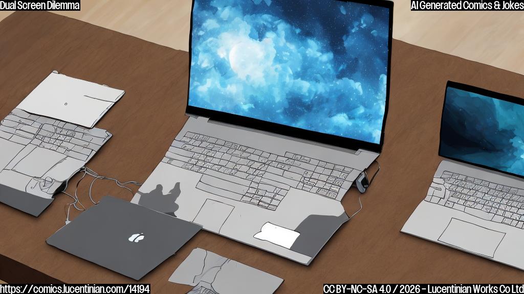 A cartoon-style picture of two laptops, one with two 16-inch OLED screens and the other with a single 15-inch screen, with a therapist's couch in the background. The dual-screen laptop is looking frustrated, while the single-screen laptop looks puzzled.
