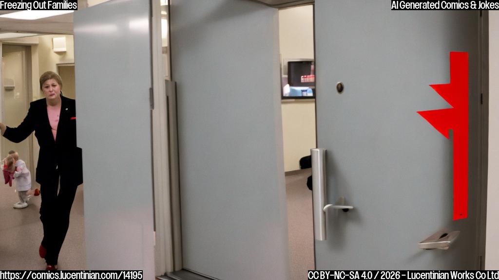 A politician is seen standing in front of a empty, locked door. The background is a blur of frustrated families and crying children. The door has a big red X marked through it, indicating that child care services are closed.