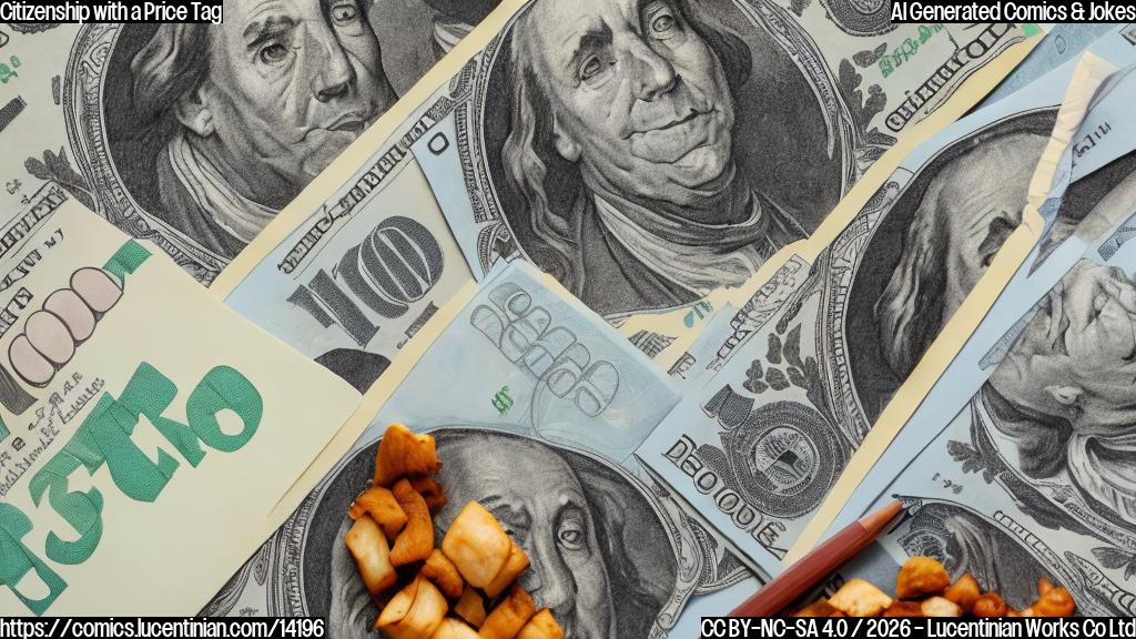 Draw a cartoon style picture of a person holding an envelope with $15,000 bills and looking sad, next to a plate with various international foods (e.g. tacos, sushi, curries) and a passport with a big X marked on it.