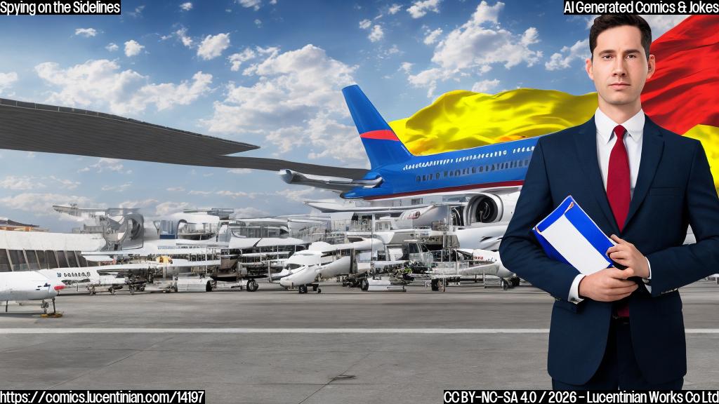 A man in a suit and tie stands at an airport gate, looking stressed while holding a briefcase. A plane with a "Destination: Unknown" sign is visible behind him, with several passports and travel documents scattered around his feet. The background is a blurred image of an airport terminal with a Venezuelan flag waving on the wall.