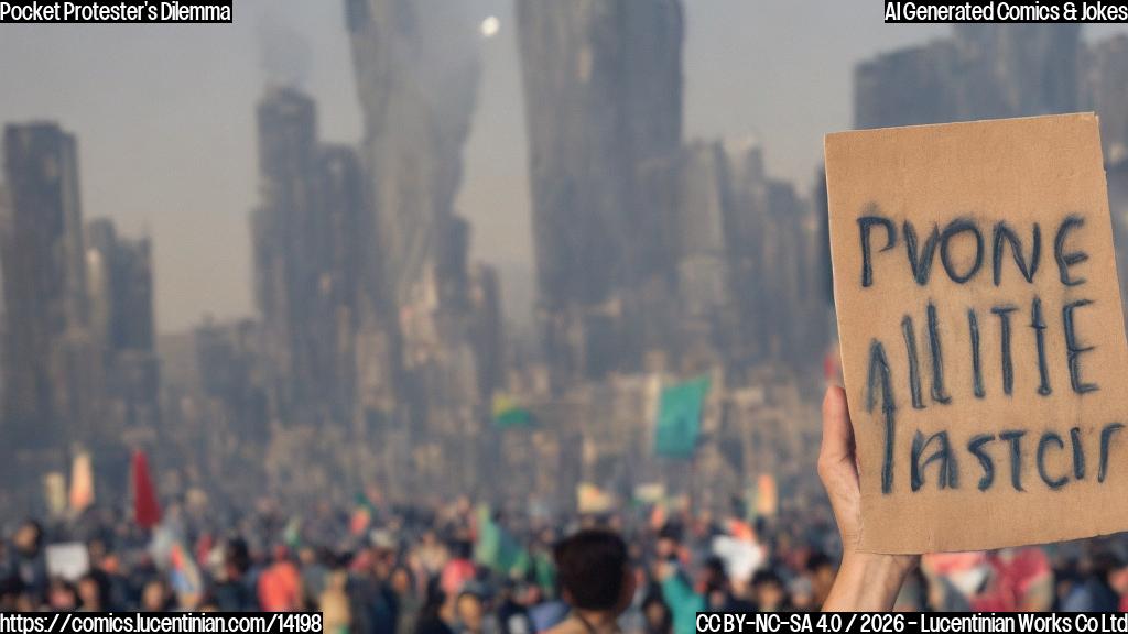 A person holding a small, empty pocket with a worn-out protest sign peeking out from the corner, surrounded by a faint image of an Iranian cityscape with protesters marching in the distance.