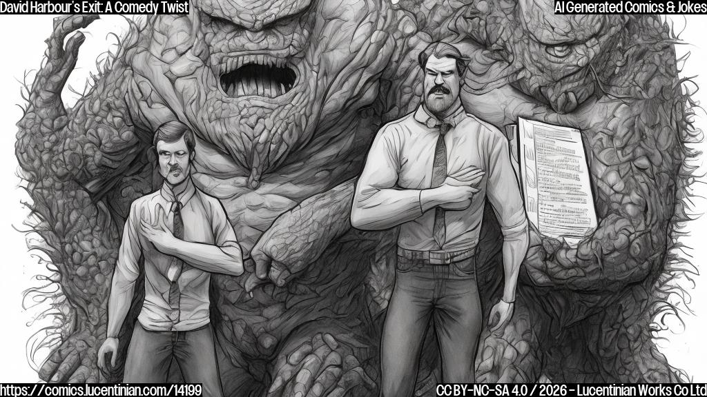 Draw a cartoon style picture of a person (David Harbour) with a concerned expression, holding a script and standing next to a monster, but with the monster's eyes closed as if it's sleeping. The background should have a cityscape or a movie set.