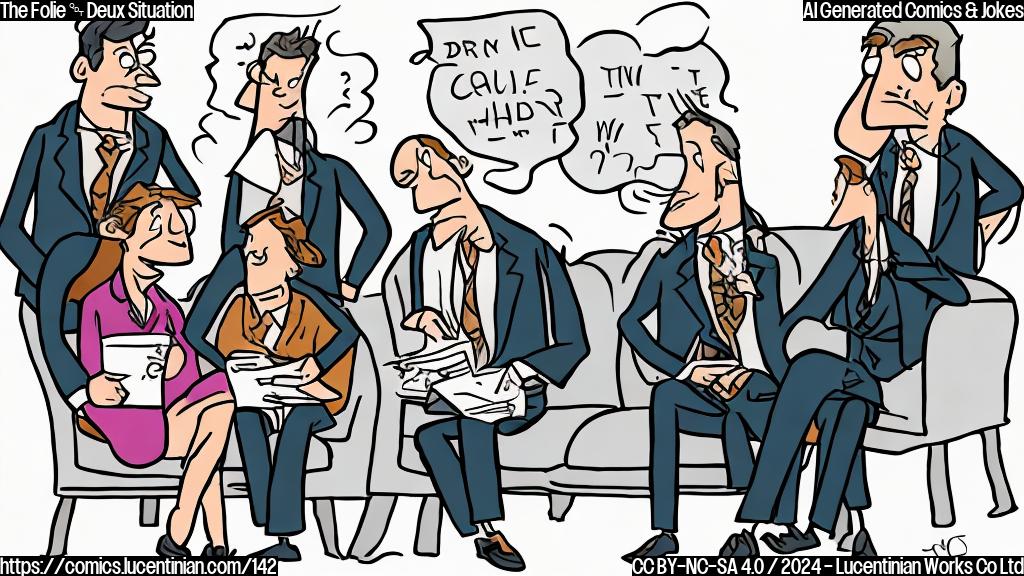 Draw a cartoon-style picture of two people sitting across from each other on a couch, with one person wearing a suit and tie and the other looking frazzled. The person in the suit is holding a film script and has a look of concern on their face. The person who looks frazzled is leaning forward, looking worried, and has a faint smile on their face as if they're enjoying the absurdity of the situation. Both characters have big personalities and are surrounded by chaotic film sets, cameras, and production notes scattered around them. Incorporate a red " Warner Bros." logo in the corner of the image with a red "X" marked through it, symbolizing the failure of the film. The color palette should be muted and chaotic, reflecting the emotions and atmosphere of the joke.