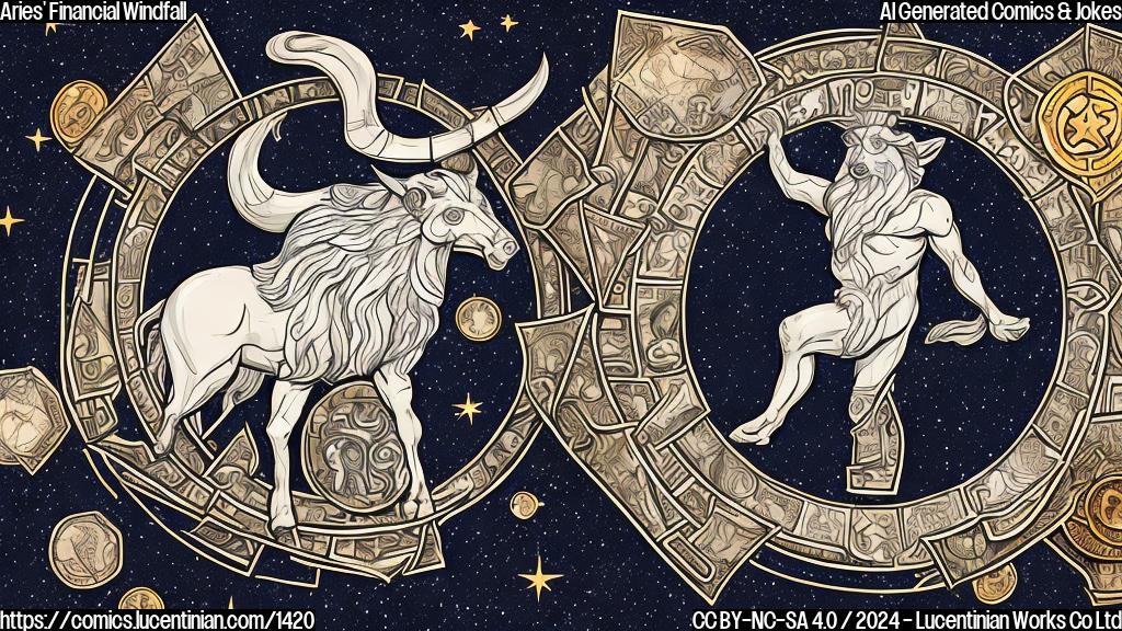 Illustrate an Aries star (a mythical figure representing the zodiac sign) wearing a suit and tie, holding a briefcase with a giant dollar sign on it, surrounded by stars and financial symbols, with a confident expression on their face.