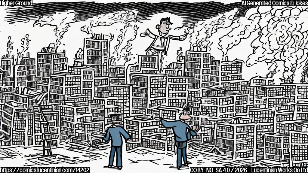 Draw a simple cartoon of a person standing on top of a ladder, with a cityscape in the background. The person is holding a tablet with a speech bubble that says "higher level". The ladder should be positioned near a burning building, symbolizing the rebuilding effort.