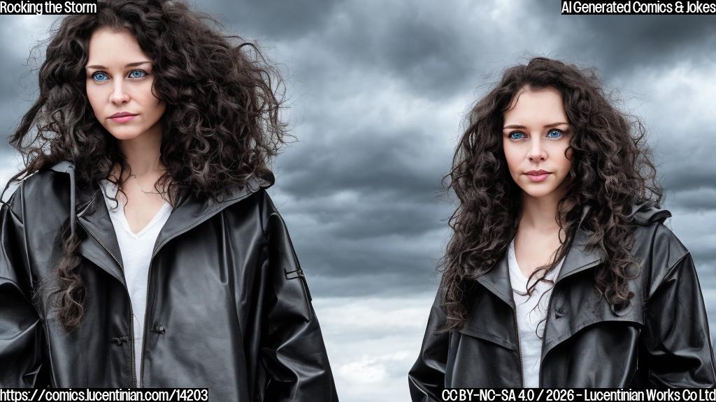 A young woman with long, curly brown hair and bright blue eyes, wearing a black leather raincoat with a bold, lightning-shaped buckle, standing in front of a grey sky with dark clouds. She has one hand on the zipper of her coat and a sly smile on her face.