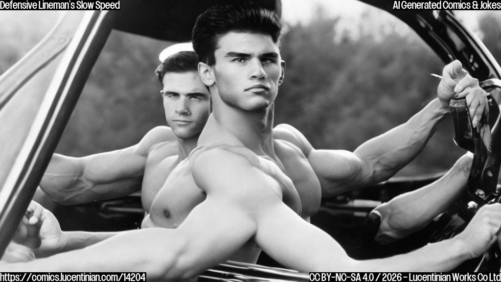 A young, muscular man in a helmet and pads sitting behind a steering wheel with a speed limit sign on his dashboard. He looks frustrated and apologetic.