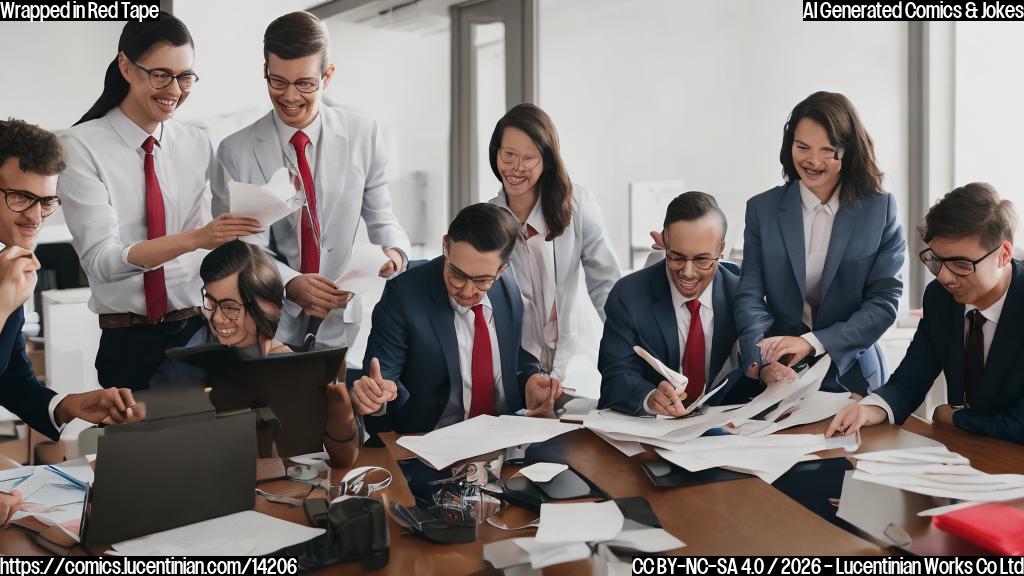 A group of people, one wearing a suit and another with a red rubber band around their wrist, surrounded by papers and files in a office setting, with the bureaucrat smiling as they try to tie the rubber band tighter on themselves.