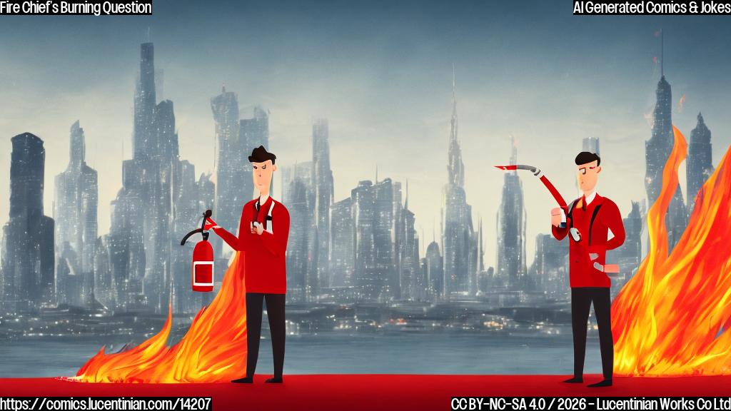 A cartoon of a person holding a fire extinguisher, with a red background and flames in the distance, surrounded by formal attire and a city skyline in the background.