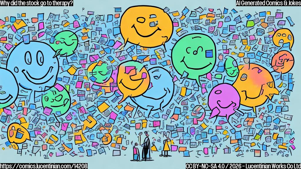 A colorful cartoon of a graph with a smiling face, having a thought bubble with a therapist in the background, surrounded by stocks going up and down in various emotions.