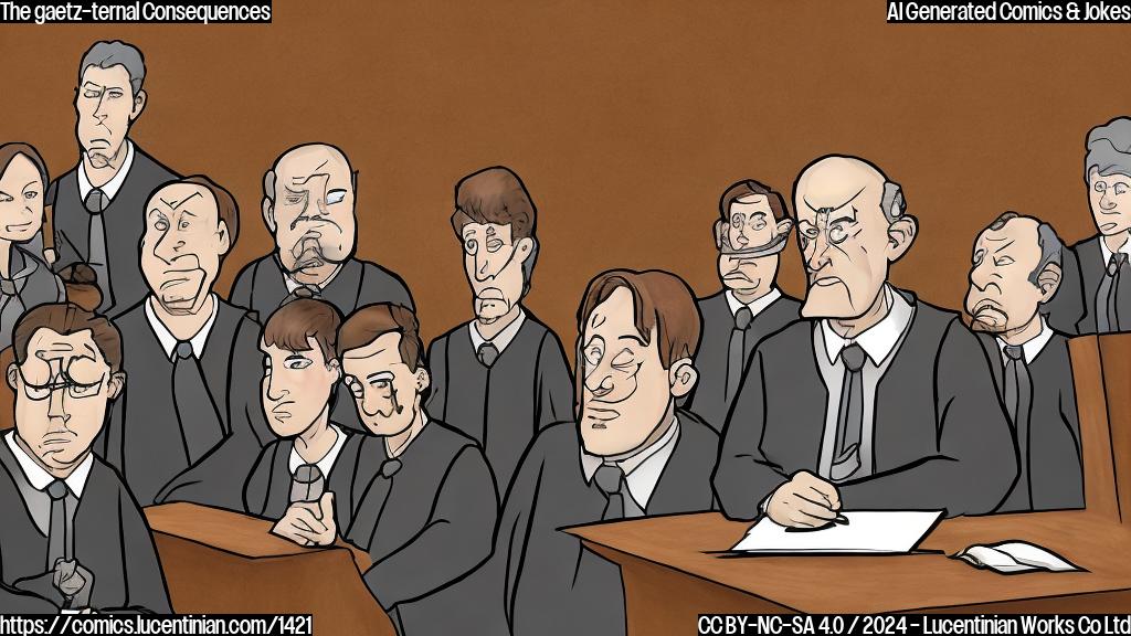 Draw a cartoon-style picture of a person in a suit, with a shocked expression on their face, standing in front of a judge's bench. The judge should be holding a gavel and looking stern, while the person should have a guilty look on their face, surrounded by courtroom elements like a jury box and a defendant's table.