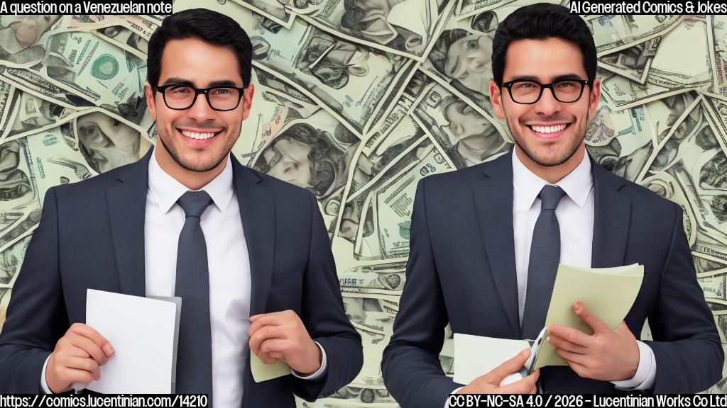 A smiling, bespectacled man with a briefcase and wearing a suit, standing in front of a blurred background of Venezuelan currency notes, holding a notebook and pen.