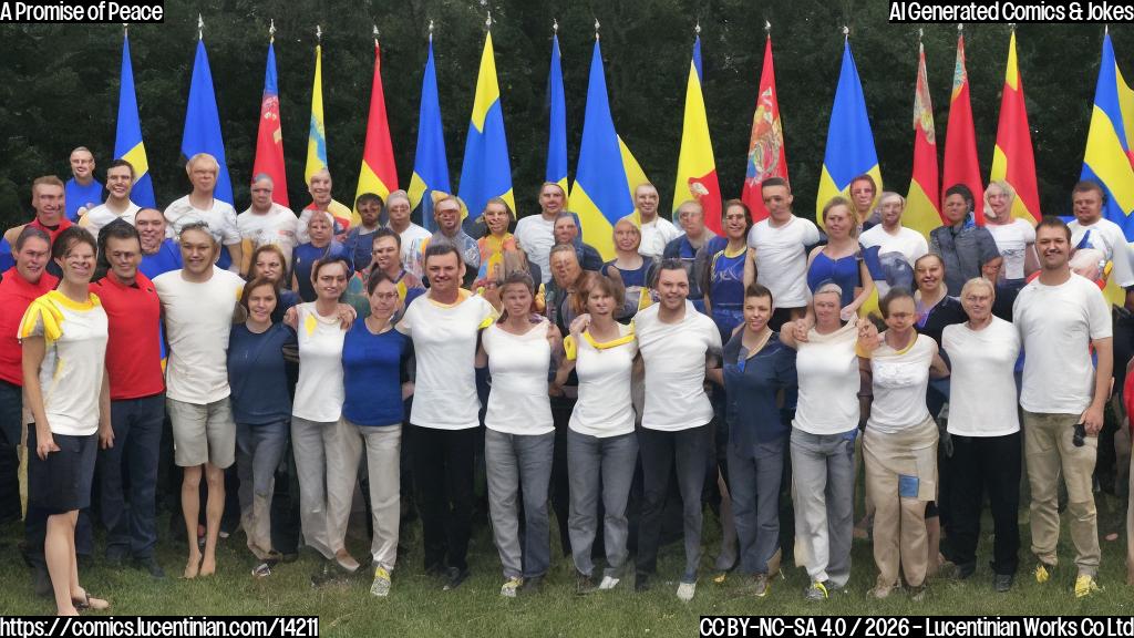 a group of people from various countries, including Ukraine and the United States, standing together with their arms around each other, forming a human chain, while one person holds a large ladder behind them