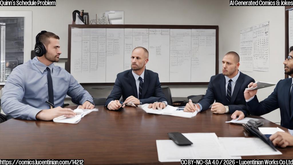 a generic football coach and a general manager sitting at a table with a whiteboard in front of them, both holding pens and looking serious, with a calendar or schedule on the wall behind them. The football coach has a headset on and is wearing a suit, while the general manager is dressed in business attire.
