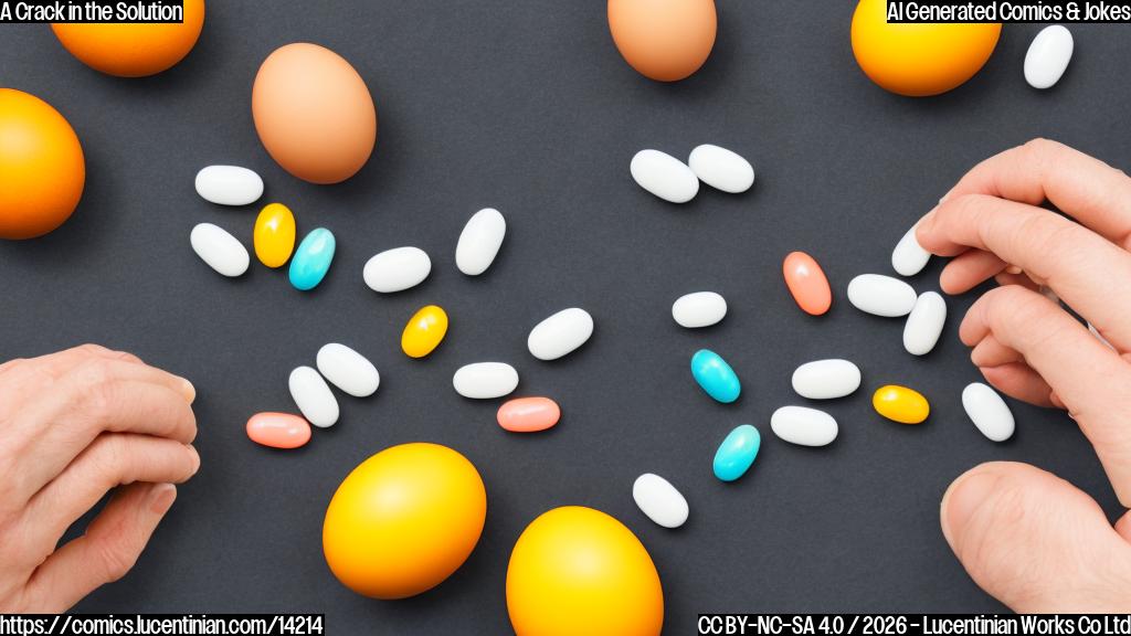 A person eating an egg, with a thought bubble of a weight loss graph in the background, surrounded by a few scattered Wegovy pills. The egg should be cracked open to reveal a yolk that forms a tiny pill shape.