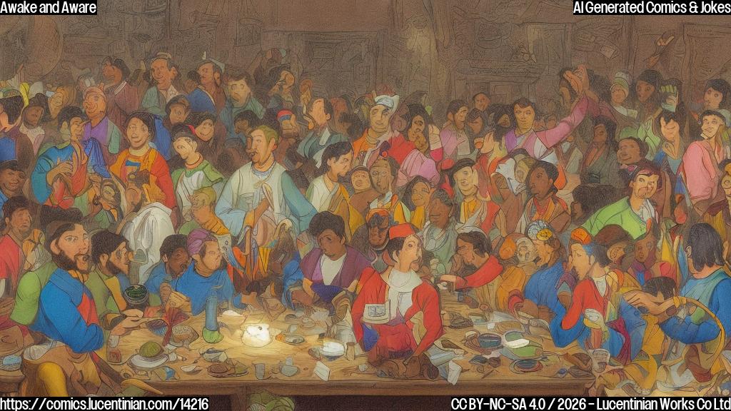 Colorful cartoon of 3,000 people gathered around a table with flashlights on the table, symbolizing a village community coming together to make an informed decision. The villagers are depicted in plain color clothing and hairstyles.