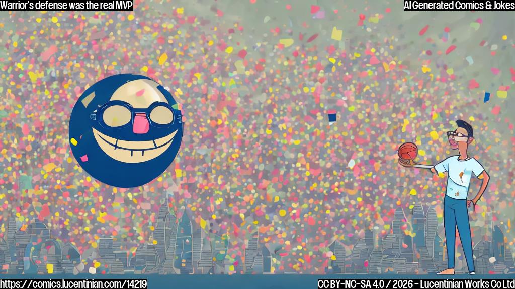 A cartoon-style image of a smiling basketball with a thought bubble, surrounded by confetti and a pair of sunglasses-wearing referees, with a cityscape in the background. The basketball should have a subtle "therapy session" setting, such as a couch or a therapist's chair, incorporated into its design.