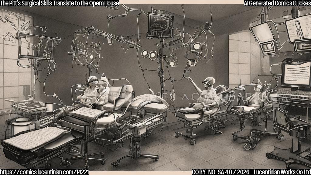 Draw a cartoon of a person wearing surgical gloves, sitting in an opera house chair, with a musical note or score sheet on their lap, and a faint image of a hospital operating room in the background.