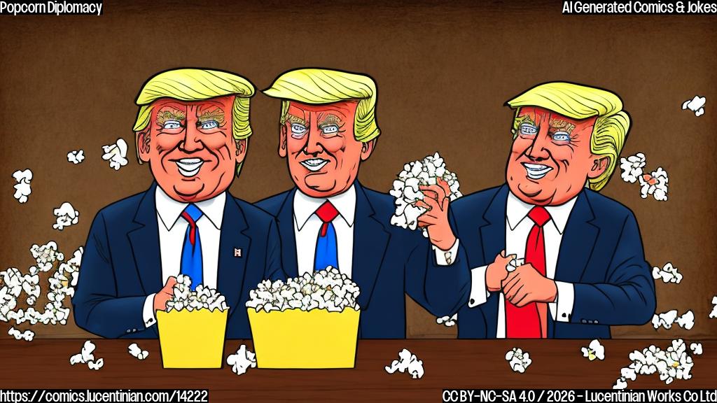 Draw a cartoon style image of Trump and Petro sitting at a table with popcorn in front of them. Trump is holding a bag of popcorn and has a cheesy grin on his face, while Petro looks puzzled with a hint of amusement.