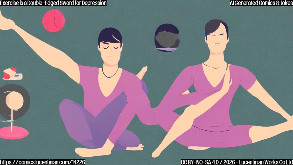 Illustrate a cartoon of a person doing yoga on a mat, with a worried expression on their face, and a faint image of a therapist's chair in the background, with a tablet showing a medication prescription next to it. The yoga person is holding onto an exercise ball for balance, as if they're trying to steady themselves amidst their anxiety.