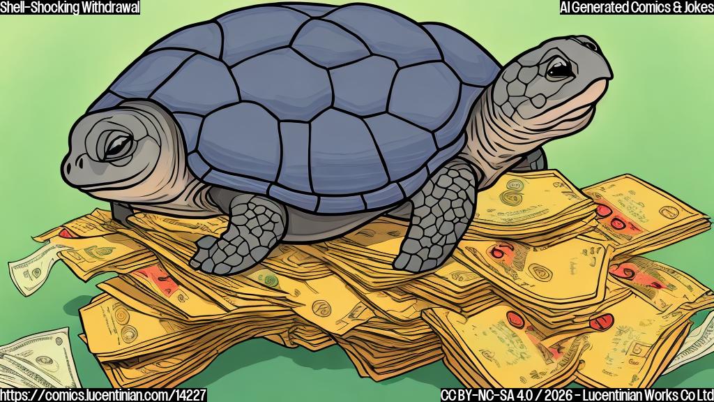 Draw a plain color cartoon style picture of a turtle holding a wallet with a shocked expression, surrounded by dollar signs and a red "X" marked through it.