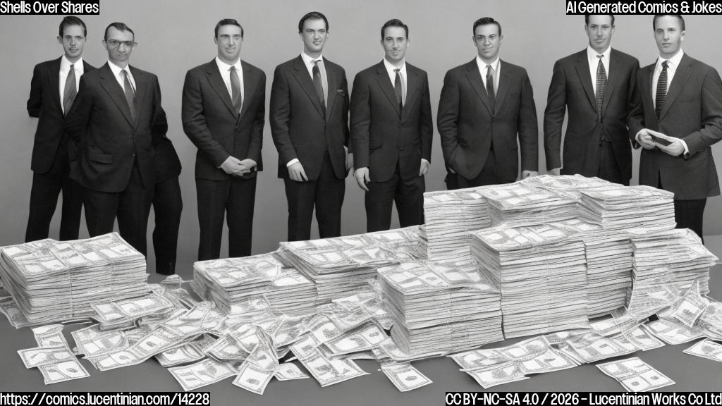 a group of people in suits standing behind a table with a large stack of money and a smaller stack of armor plates