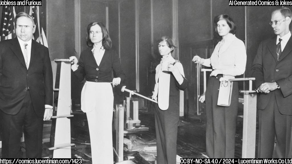 a stern-looking woman in a business suit, holding a small ladder, with two federal workers standing behind her looking frustrated