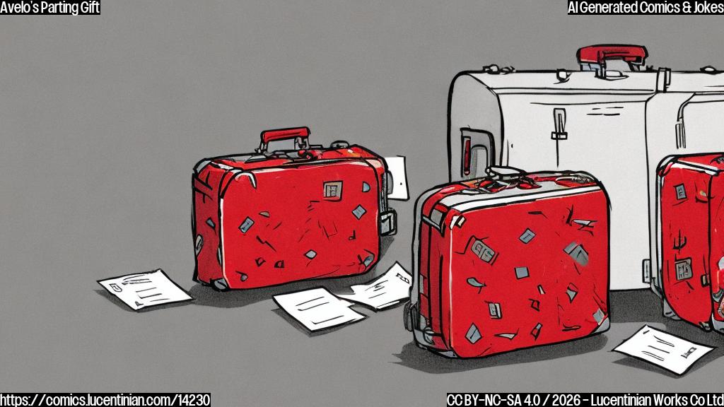 A stylized cartoon of a suitcase with a red "X" marked through it, surrounded by deportation papers and handcuffs, set against a gray background with a faint image of an airplane in the distance. The style should be reminiscent of classic children's books.