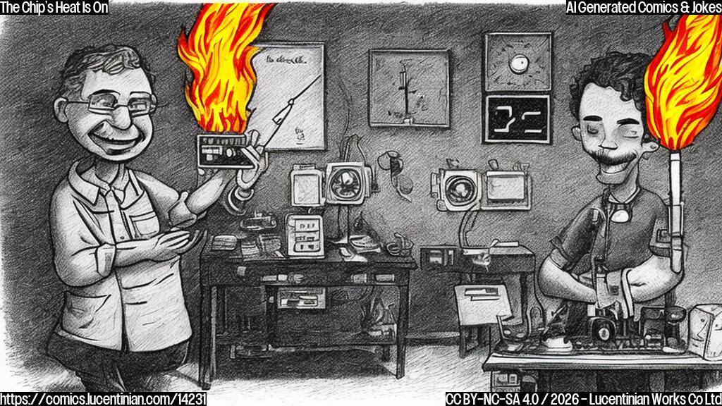 A cartoon style image of a CPU with a thermometer and a therapist in the background, both smiling. The CPU is shown with a worried expression, surrounded by flames.