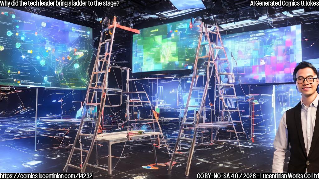 a tech-savvy person with a confident expression standing in front of a large screen displaying AI-related graphics and charts, with a ladder leaning against the side of the stage