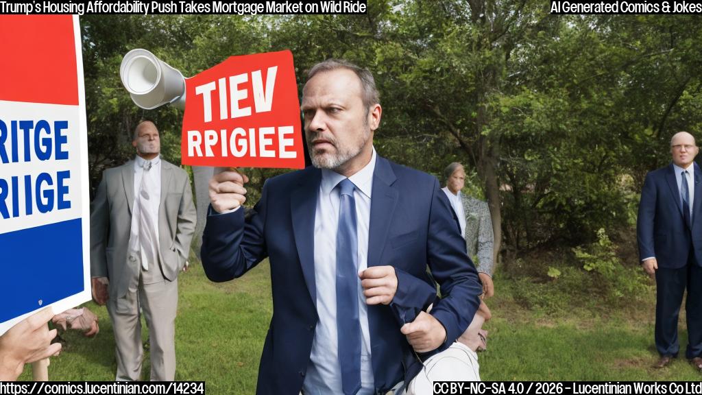 A middle-aged man with a determined look, wearing a suit and holding a megaphone. Behind him, a graph showing rising mortgage rates.