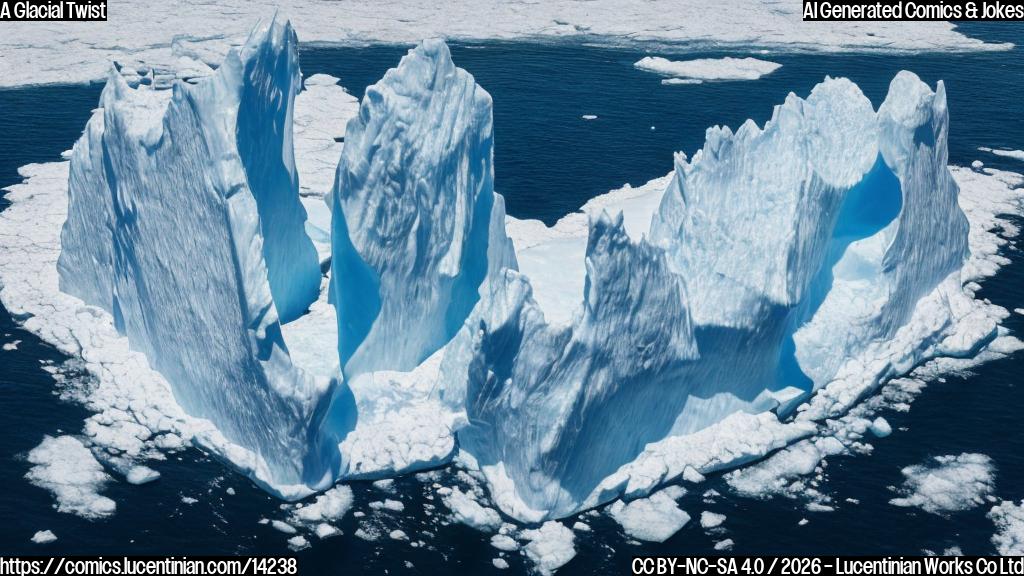 Draw a cartoon-style picture of a giant iceberg with a worried expression, having cracks and blue coloration, surrounded by tiny icebergs crumbling into the sea.