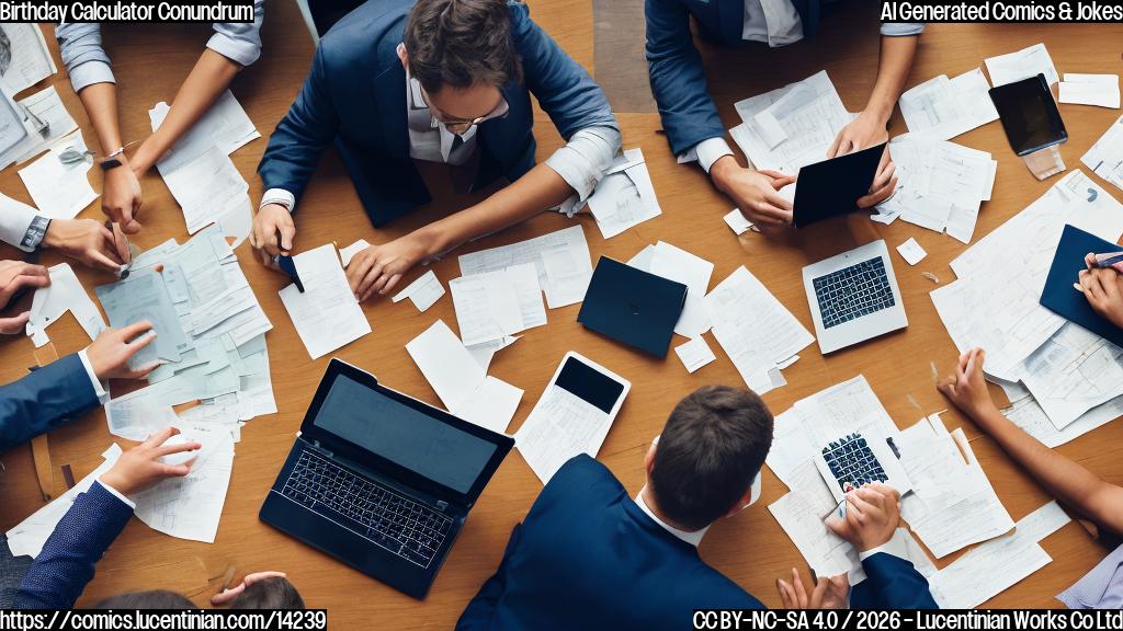 A group of people sitting at a conference table, with one person holding a calendar and looking worried, surrounded by papers and calculators. The person in the center is wearing a suit and has a confused expression on their face.
