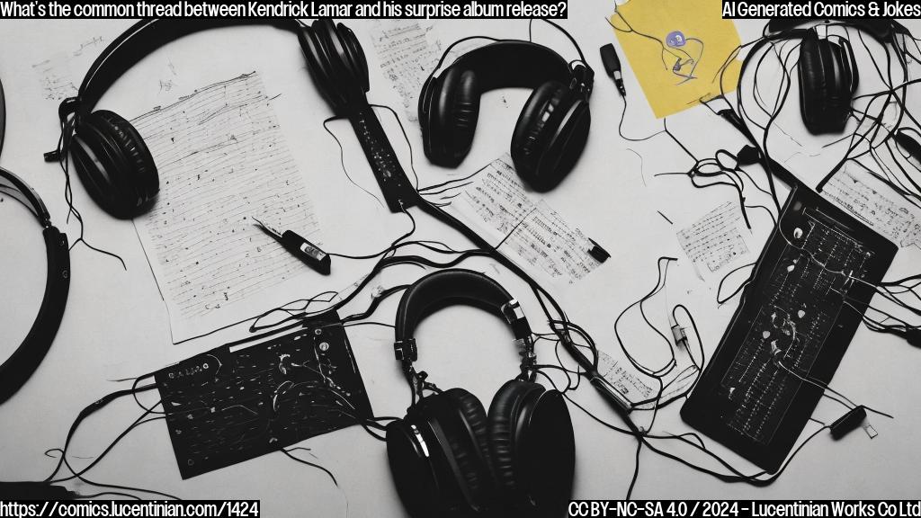 A person sitting alone at midnight with a computer, surrounded by music notes and headphones, with a surprised expression on their face, as if they just received the news about Kendrick Lamar's surprise album release.