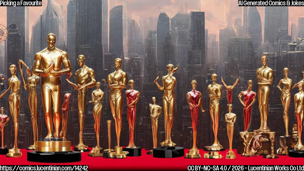 A group of film statues with varying levels of award trophies, including one holding a large trophy and two smaller ones, standing in front of a red carpet. The statues are all dressed in tuxedos or evening gowns, with the statue holding the largest trophy in the center. The background is a blurred image of a movie camera and a cityscape.