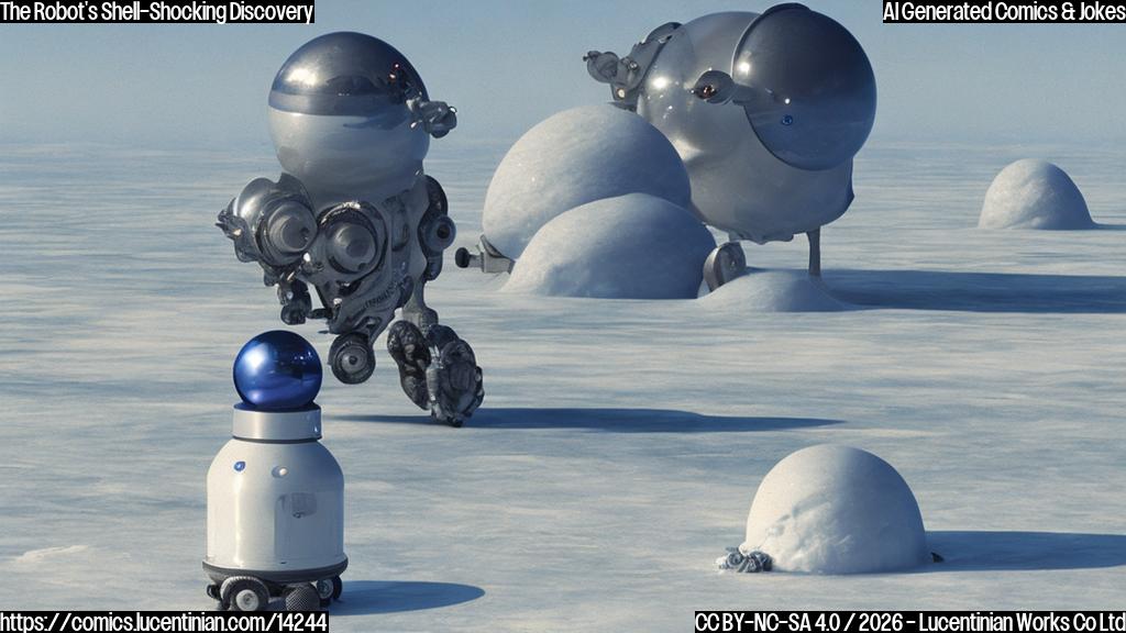 a blue, cylindrical robot with a metallic body and a large, circular dome on its top, standing in front of a vast, white expanse of ice with several strange, uneven structures visible beneath the surface.