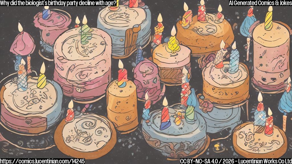 A cartoon style picture of a birthday cake with candles, surrounded by older biological clocks (such as hourglasses and calendars), with a few younger ones trying to "reproduce" themselves but failing due to their own aging process.