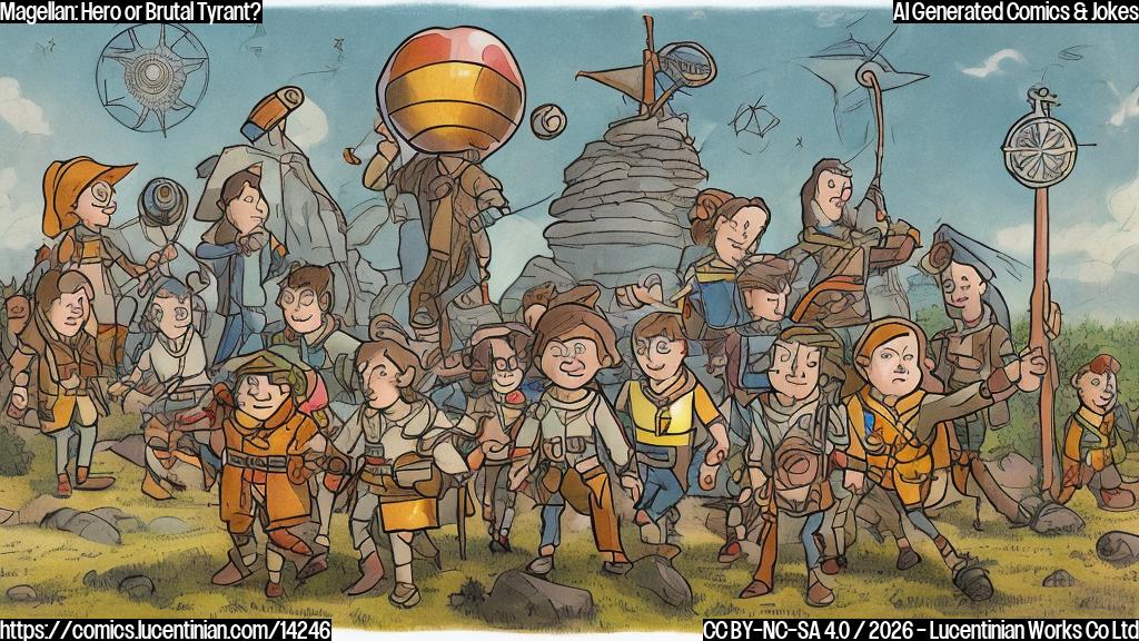 Draw a plain color cartoon style picture of 3-4 explorers in the background with a map and compasses, standing together, looking out at the horizon. In the foreground, a group of people are shown running away from an explorer, each one representing different emotions (fear, anxiety, guilt). The explorer is shown at the center, looking confident and determined.
