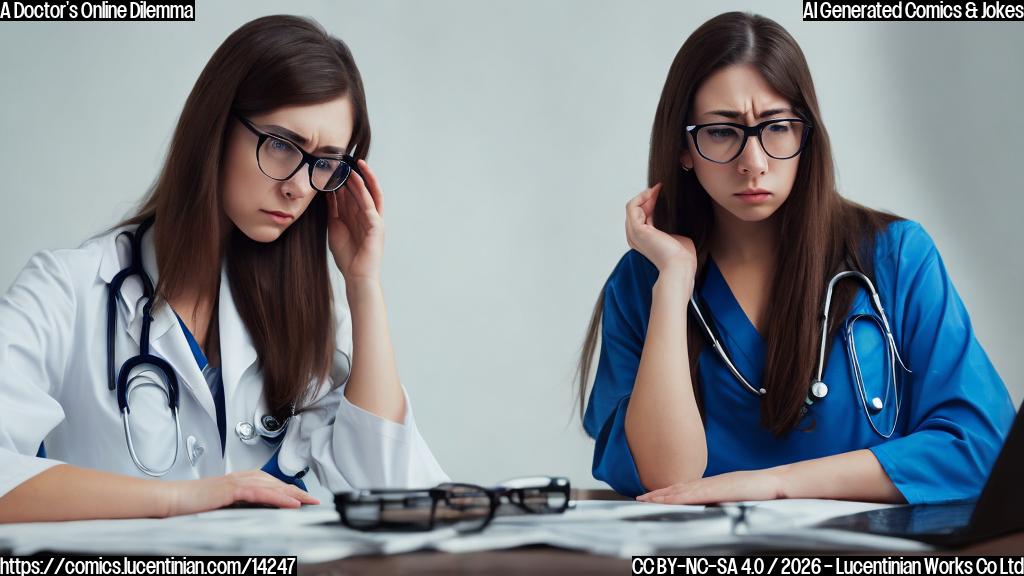 a young woman with long brown hair and glasses sitting in front of a computer, looking frustrated while scrolling through a list of online doctors