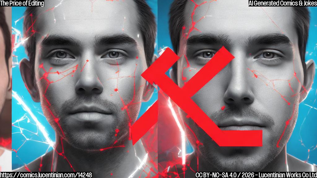 Draw an AI-generated image of a person holding a red X on their forehead, surrounded by blurry images of deepfakes, with a speech bubble saying "Censored for paying customers only".