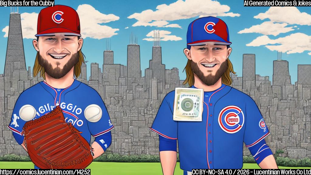 Illustrate a cartoon of a smiling Josh Donaldson in a baseball uniform, holding a briefcase with a dollar sign coming out of it, standing in front of Wrigley Field with a Chicago skyline in the background.