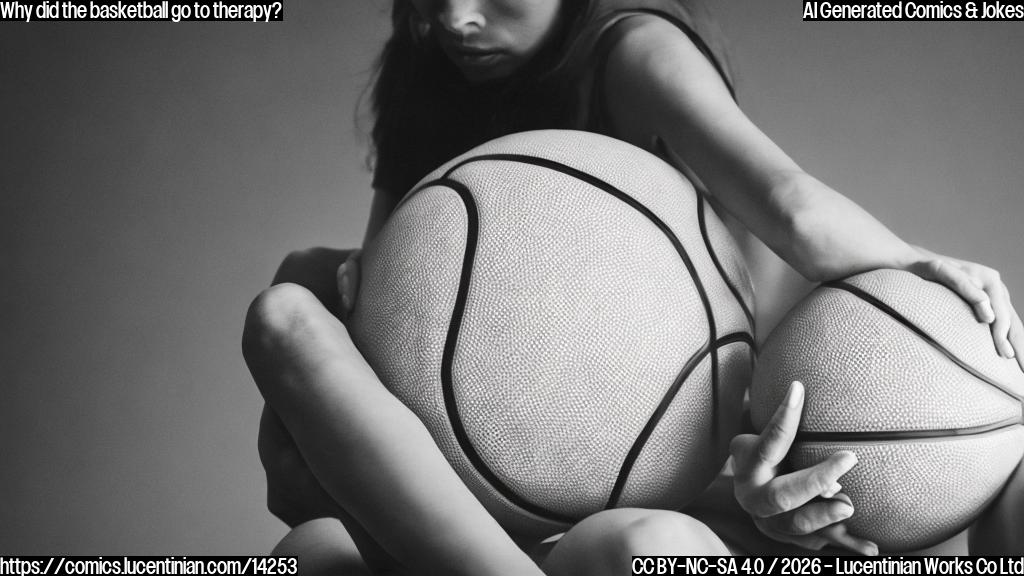 a sad basketball with a faint "I'm exhausted" expression and a few tears, sitting on a therapist's couch