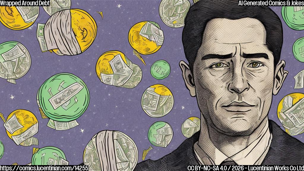 Draw a simple cartoon style image of a person in front of a giant wrapped-up ball with a lightbulb head, surrounded by money bills and a shocked expression on their face. The background should be a faint electricity bill.