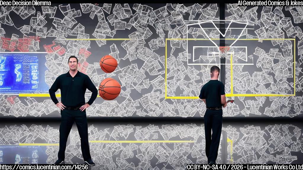 A coach standing in front of a whiteboard filled with X's and O's, holding a long ladder and wearing a determined expression. The background is a blurred image of a basketball court with a scoreboard that reads "Deacs".