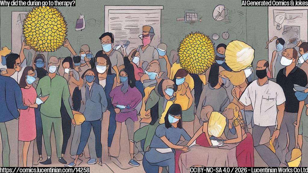 A cartoon of a therapist with a worried expression, surrounded by people wearing masks and covering their noses, with a large durian fruit in the center, emitting a strong smell. The therapist is holding a notepad and pen, while the people are looking on with discomfort.