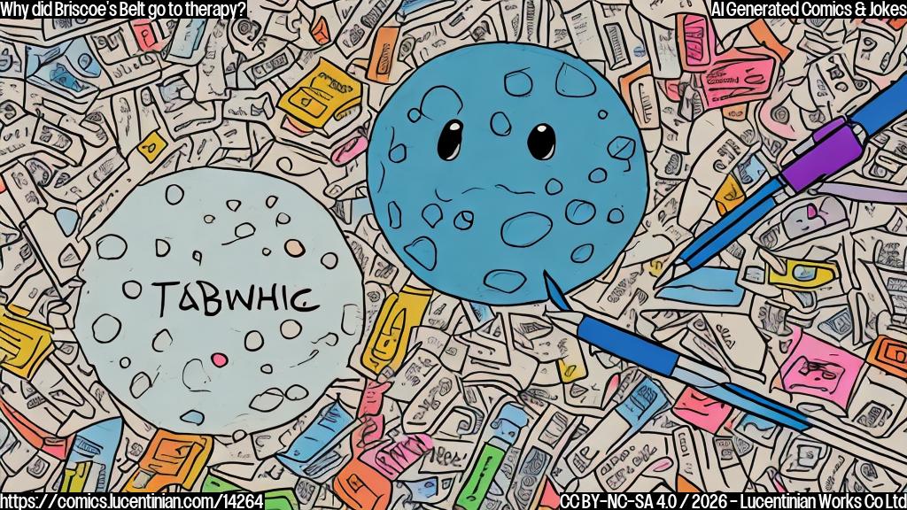 A cartoon style picture of a belt with a thought bubble, looking worried and slightly unfastened, sitting on a therapist's couch, surrounded by books and pens.