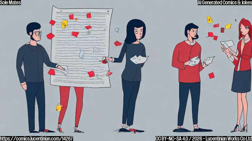 Draw a plain color cartoon style picture of a man and woman, both wearing sleek high-tech smartwatch devices on their wrists. The man is holding a calendar with a long list of dates highlighted in red, while the woman has a confused expression on her face, with a few torn pieces of paper scattered around her feet.