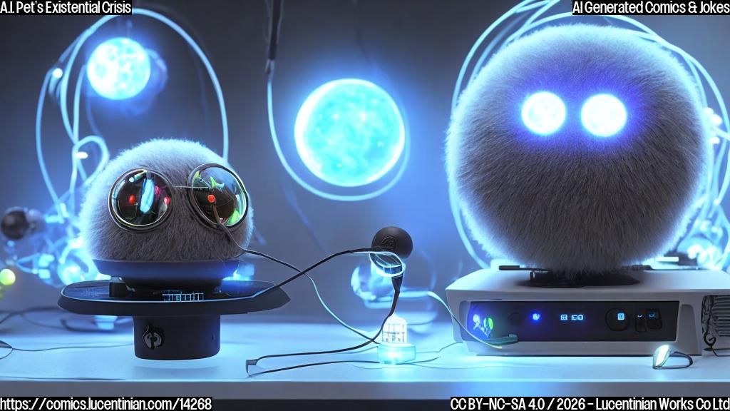 A small, spherical creature with a fuzzy exterior and glowing blue circuits, sitting on a table with a miniature keyboard and screen in front of it. The creature has big, round eyes and a playful expression, with some wires and cables connected to its body.